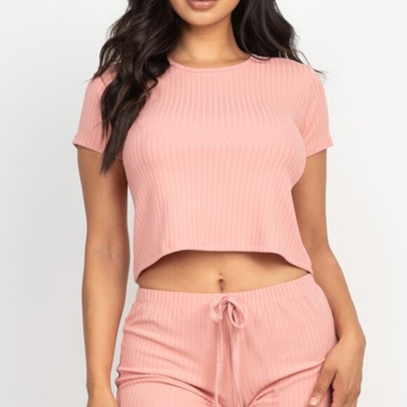 Capella Pink Ribbed Lounge Set Women's Size Small | 2PC Crop Top & Shorts | Cute - Picture 1 of 7